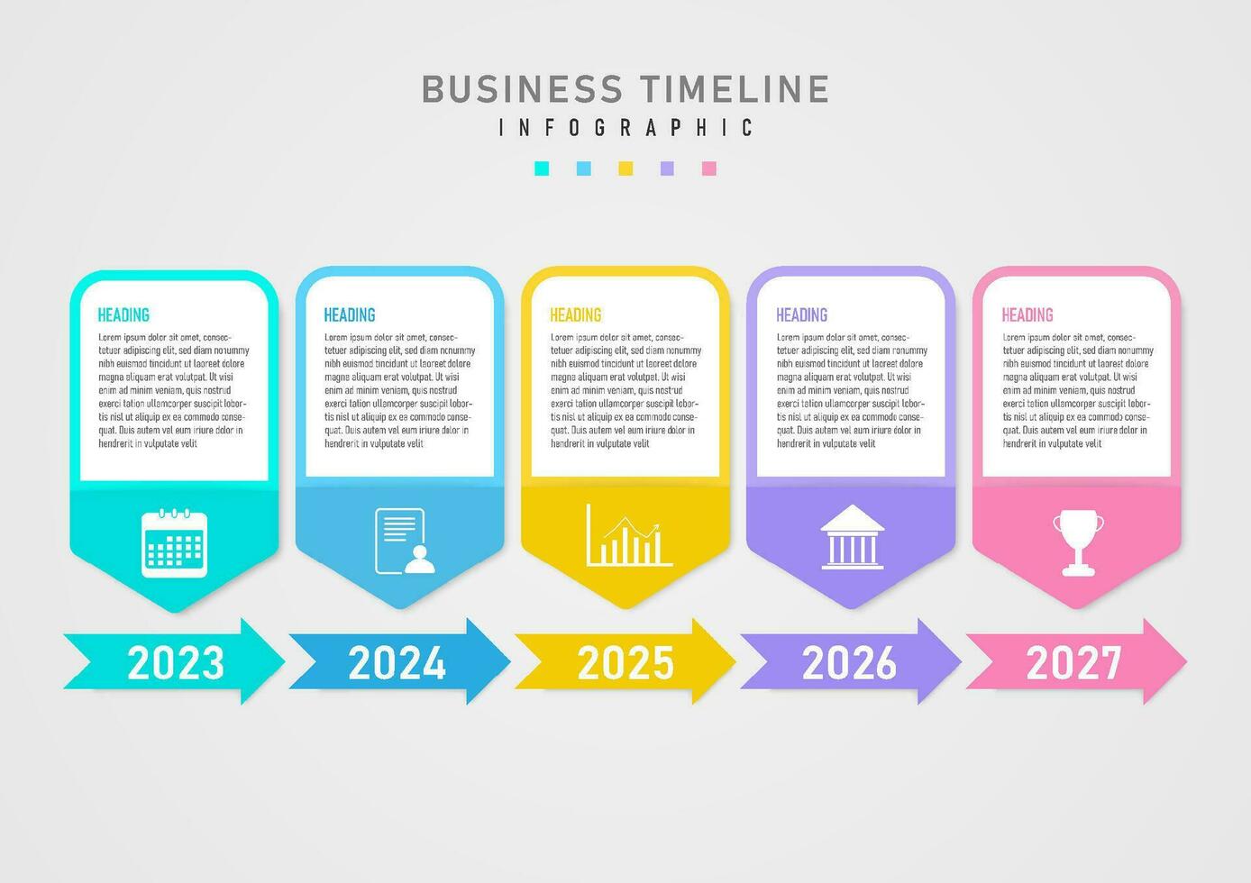 5 år tidslinje infographic mall. mång färgad skarp vinklad rektangel brev på vit bakgrund, botten ikoner. år tal på pilar, grå lutning bakgrund, design för företag, produkt. vektor