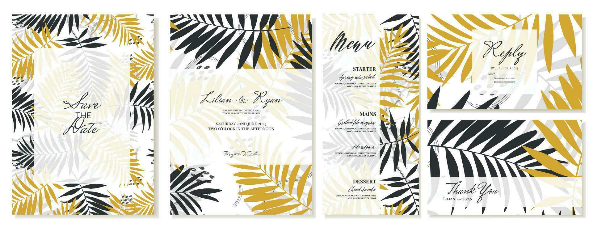 bröllop inbjudan med tacka du kort, meny och rsvp. sommar tema, handflatan löv, tropisk stil. vektor mall.