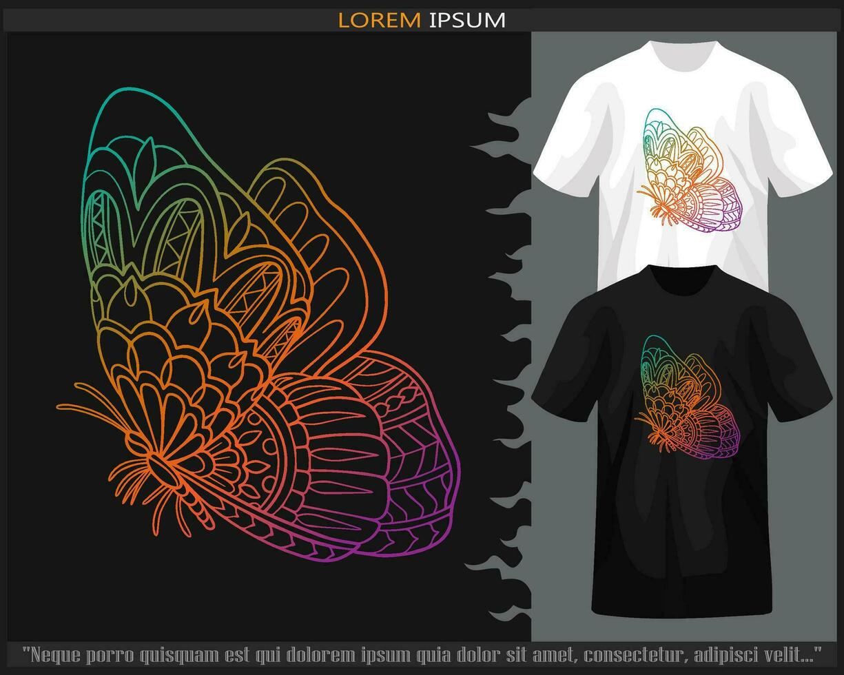 Gradient bunt Schmetterling Mandala Kunst isoliert auf schwarz und Weiß t Shirt. vektor