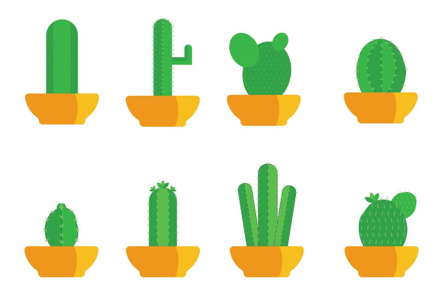 platt inlagd kaktus växt ikoner på vit bakgrund. illustration av tecknad serie kaktus i kastruller för Hem dekoration vektor