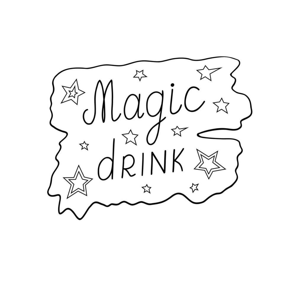 magi dryck, kärlek trolldryck enkel översikt etikett inskrift, märka för flytande ämne vektor illustration, handskriven halloween text