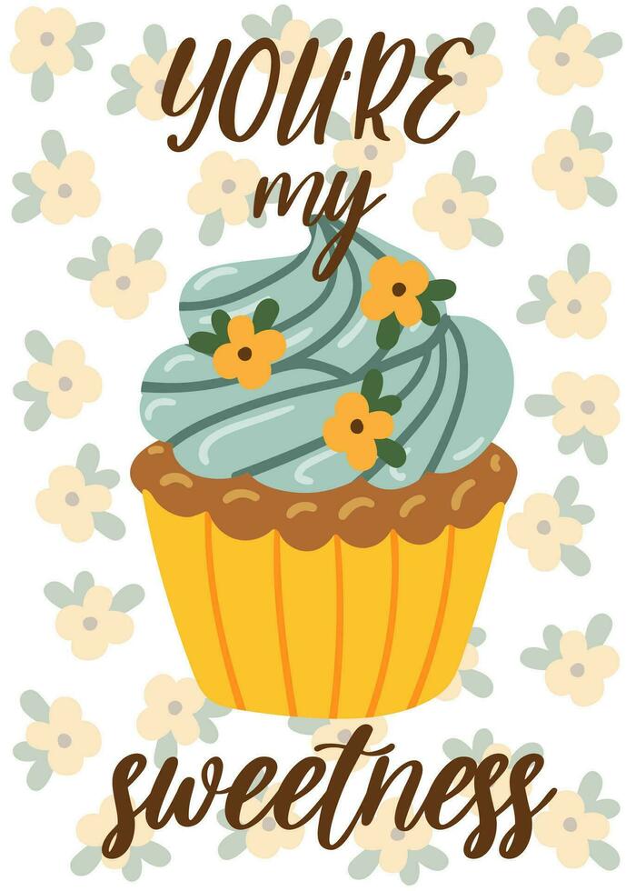 Gruß Karte Vorlage mit süß Karikatur Cupcake zum Geburtstag, Valentinsgrüße Tag, Sammelalbum oder Bäckerei Design Postkarte, Poster oder Banner vektor