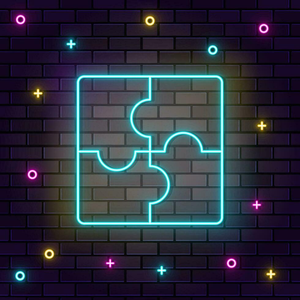 Puzzle, Strategie, Mehrfarbig Neon- Symbol auf dunkel Backstein Mauer. vektor