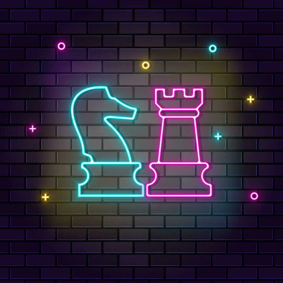 Geschäft, Schach, Mehrfarbig Neon- Symbol auf dunkel Backstein Mauer. vektor