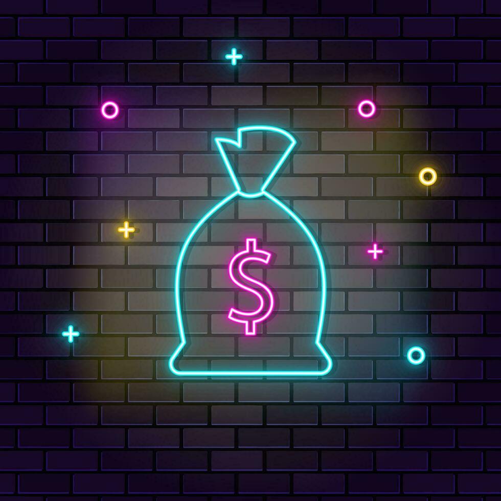 Finanzen, Investition, Mehrfarbig Neon- Symbol auf dunkel Backstein Mauer. vektor