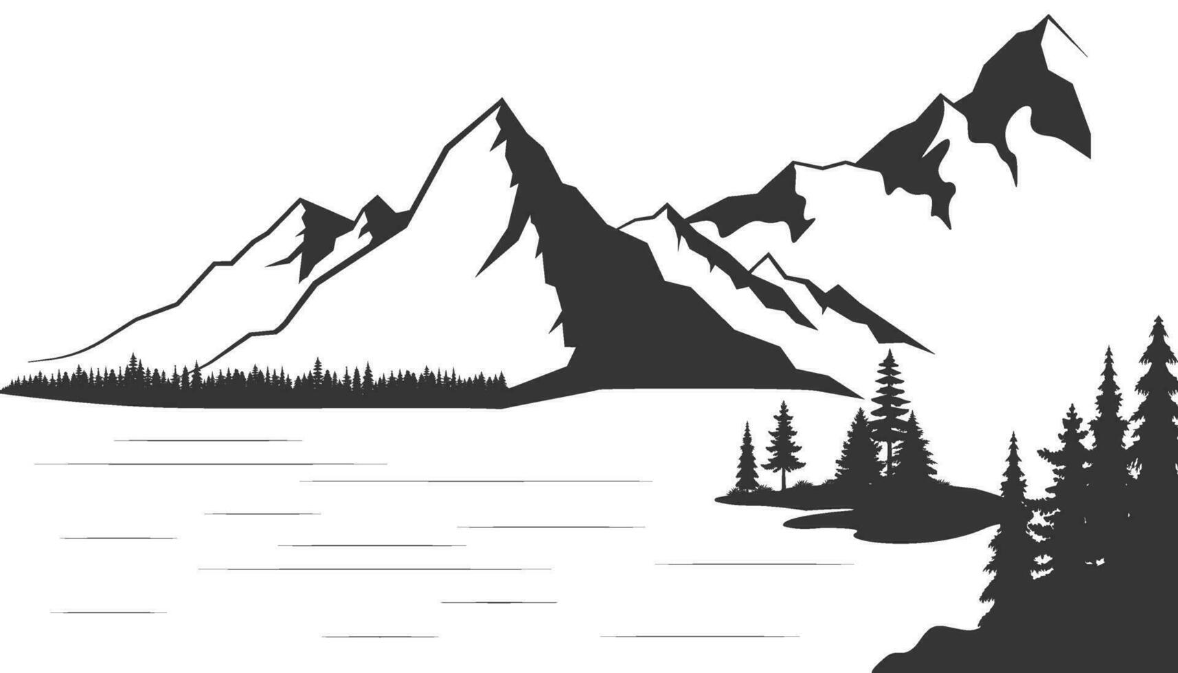 berg med tall träd och sjö landskap svart på vit bakgrund. hand dragen klippig toppar i skiss stil. vektor illustration