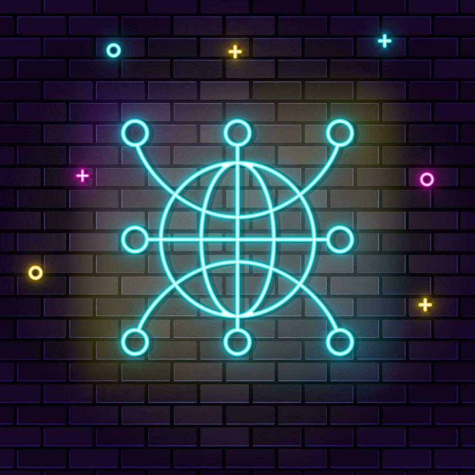 Netz, global, Netzwerk, Welt Symbol , Neon- auf Mauer. dunkel Hintergrund Backstein Mauer Neon- Symbol. vektor