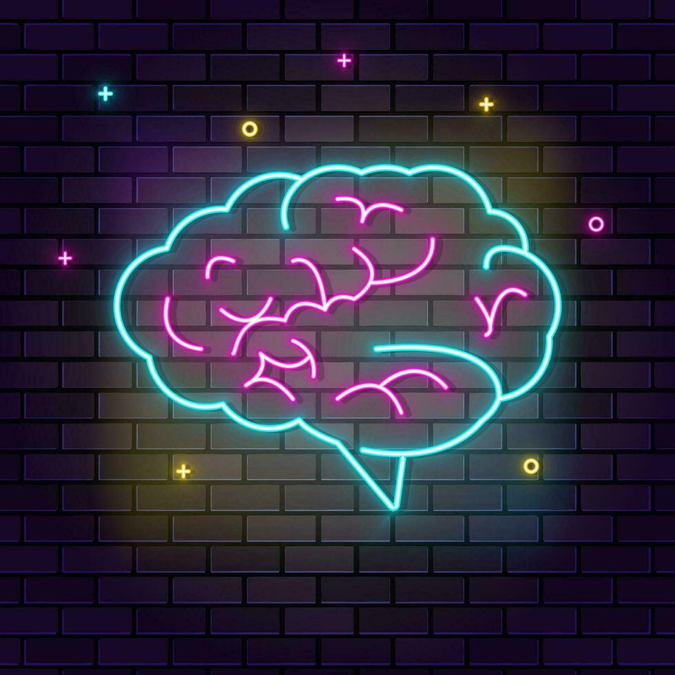 Sole, Brainstorming, Mehrfarbig Neon- Symbol auf dunkel Backstein Mauer. vektor