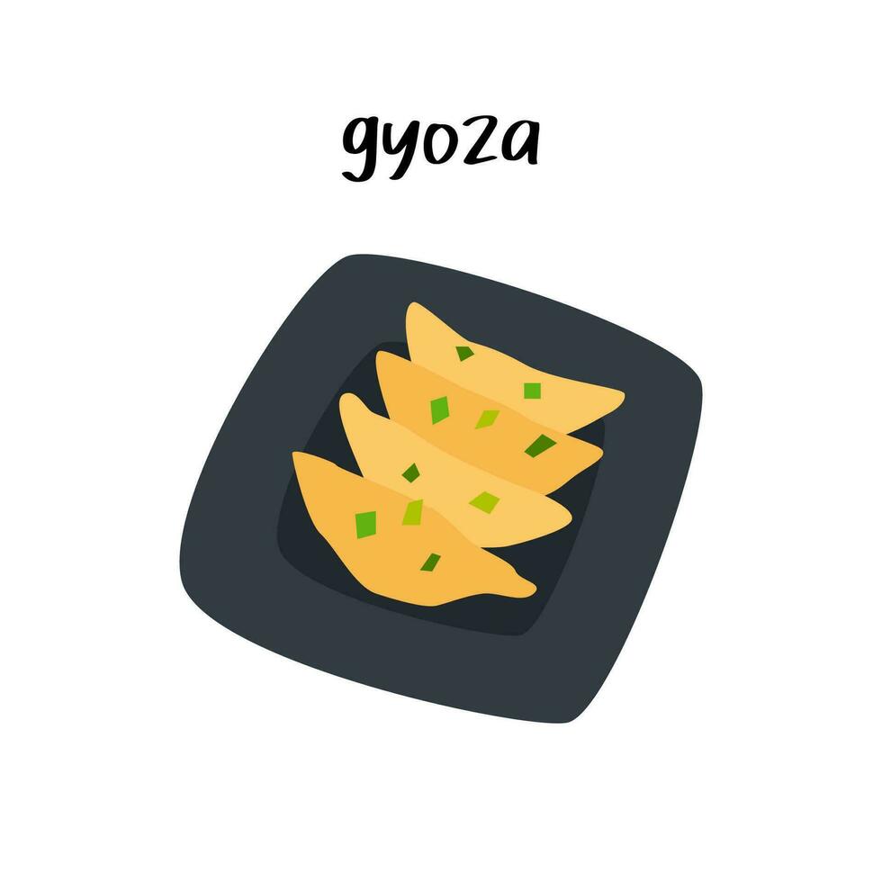 japanisch Gyoza auf schwarz Platte. Chinesisch Jiaozi gebraten Knödel. asiatisch Essen im eben detailliert Stil. Vektor isoliert Hand gezeichnet Illustration auf Weiß Hintergrund.