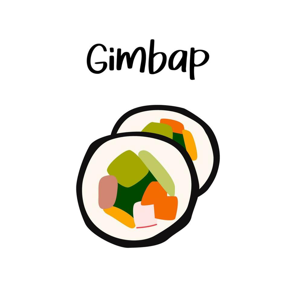 gimbap, sushi på vit bakgrund. rulla med tång. japanska, koreanska anime mat. vektor tecknad serie platt illustration.