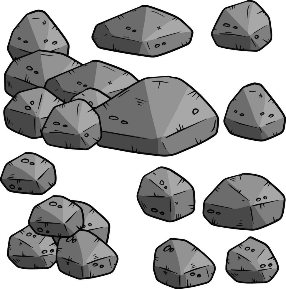 Set aus grauen Cartoon-Granitsteinen in verschiedenen Formen. Element der Natur, Berge, Felsen, Höhlen auf weißem Hintergrund. Mineralien, Geröll und Geröll vektor