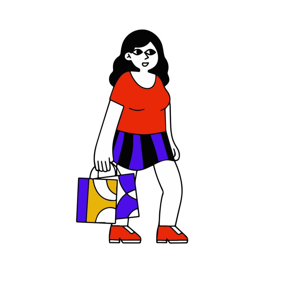 jung Frau mit Taschen. Einkaufen und Einkauf. weiblich modisch Charakter. Mädchen Spaziergänge mit Paket. eben modern Karikatur vektor