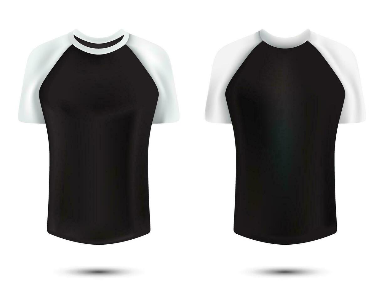 schwarz und Weiß kurz Ärmel Raglan T-Shirt Attrappe, Lehrmodell, Simulation Vorderseite und zurück Aussicht vektor