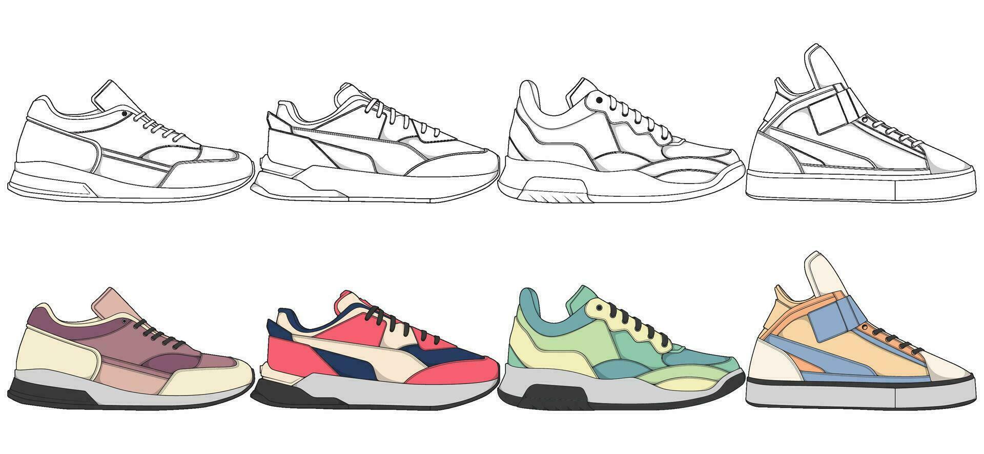 einstellen von Schuhe Sneaker Zeichnung Vektor, Turnschuhe gezeichnet im ein skizzieren Stil, Bündelung Turnschuhe Sportschuhe Vorlage, Vektor Illustration.