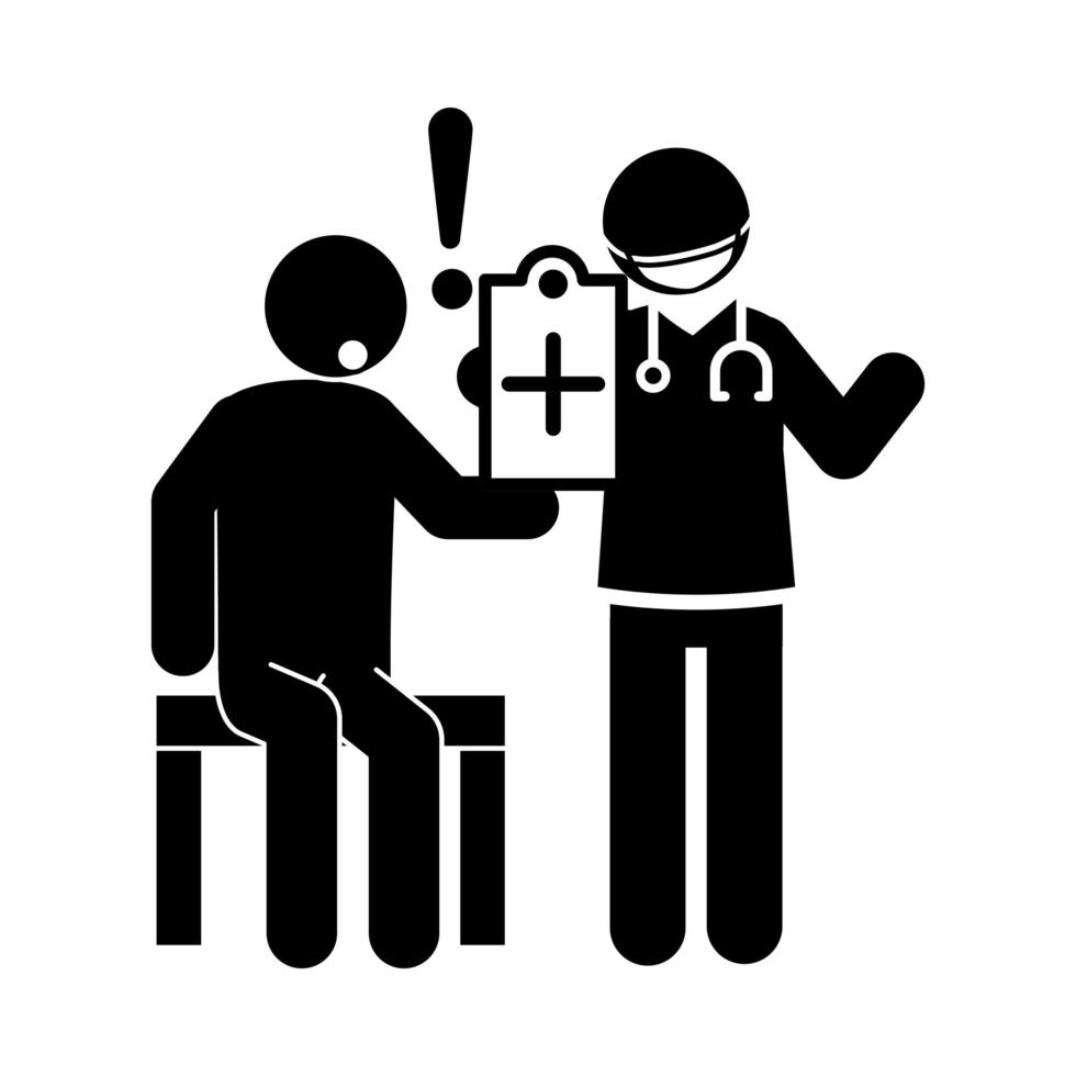 Coronavirus Covid 19 Arzt und Patient mit medizinischem Bericht Gesundheit Piktogramm Silhouette Stil Symbol vektor