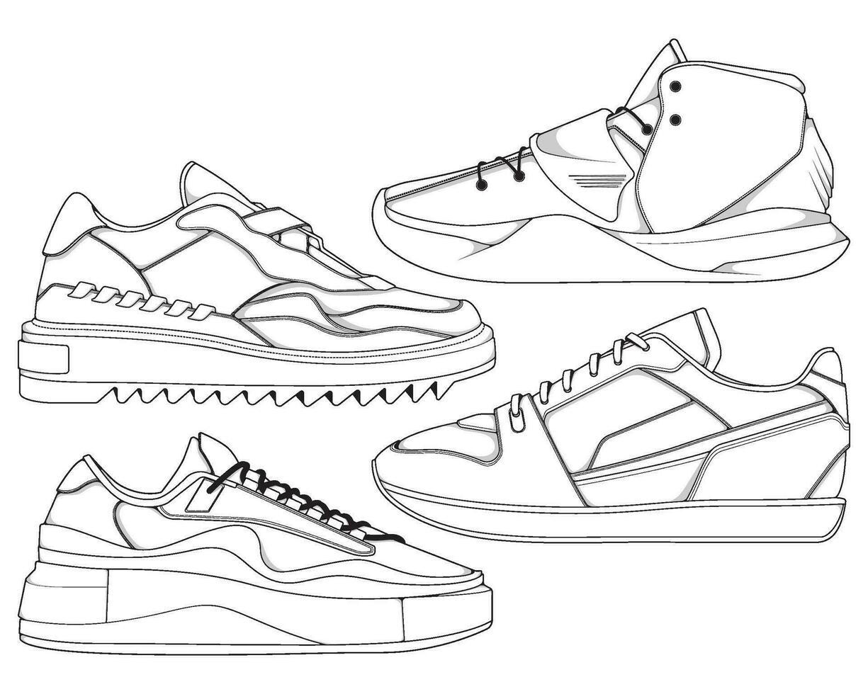 einstellen von Schuhe Sneaker Gliederung Zeichnung Vektor, Turnschuhe gezeichnet im ein skizzieren Stil, Bündelung Turnschuhe Sportschuhe Vorlage Umriss, Vektor Illustration.