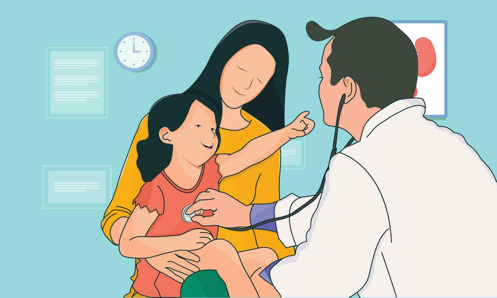 barnläkare undersöker sjuk barn och bebis för medicinsk utveckling, vaccination och behandling i platt tecknad serie hand dragen mallar illustration vektor