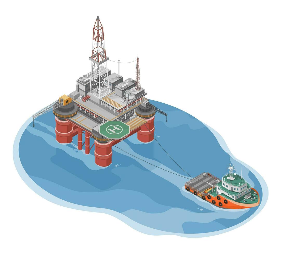 Off-Shore Öl und Gas rig Bohren Einrichtung ziehen um und Abschleppen durch Plattform liefern Schiff Boot Off-Shore Dienstleistungen Karikatur Illustration Infografik von Öl Industrie im Ozean isoliert oben Aussicht Vektor