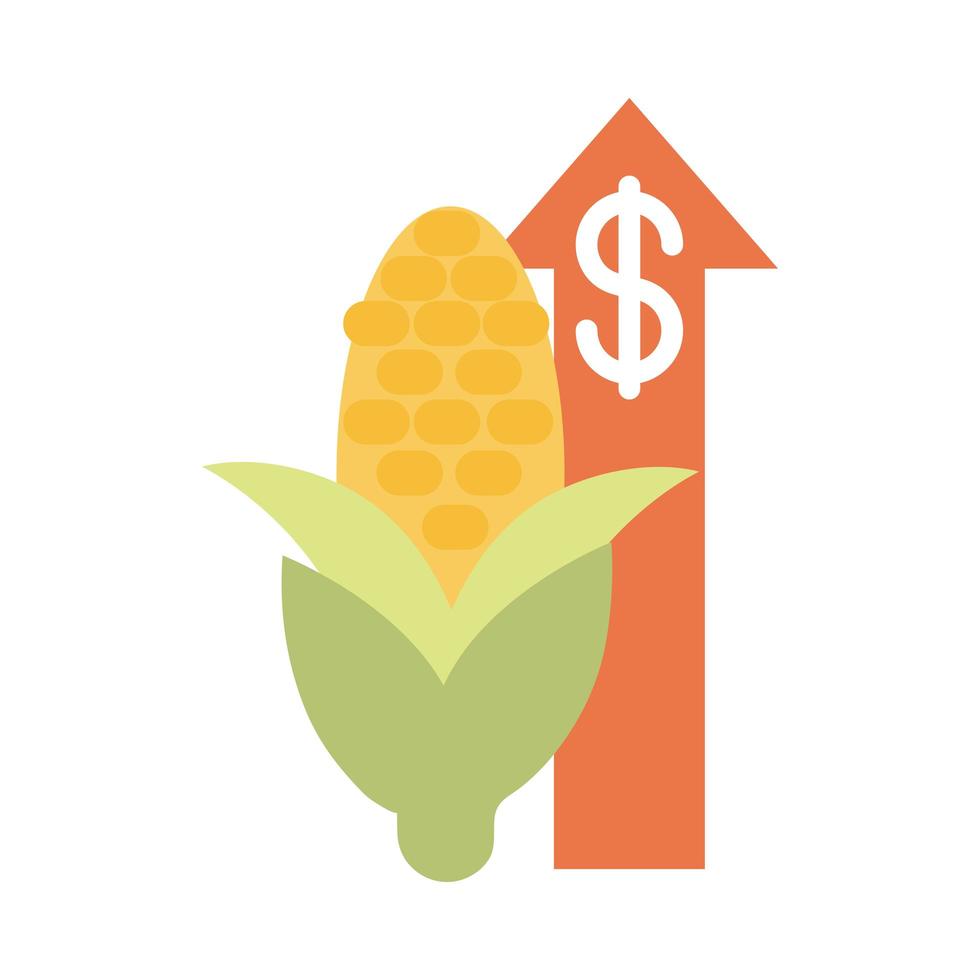 färsk majsmarknad upp pil pengar stigande livsmedelspriser platt stilikon vektor
