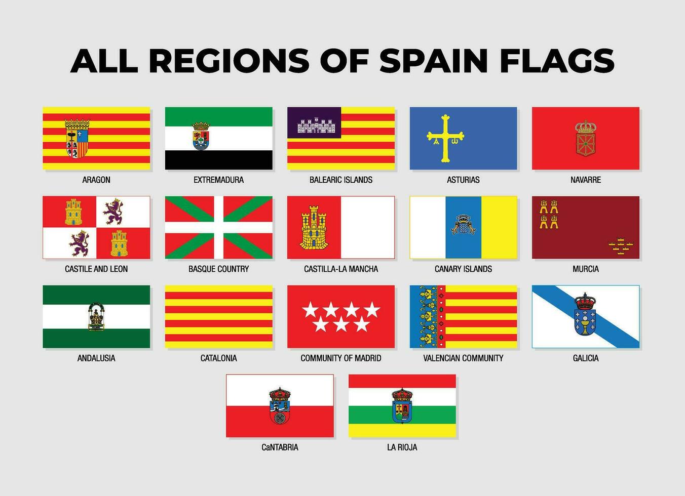 Spanien provinser och regioner flaggor samling design mall vektor