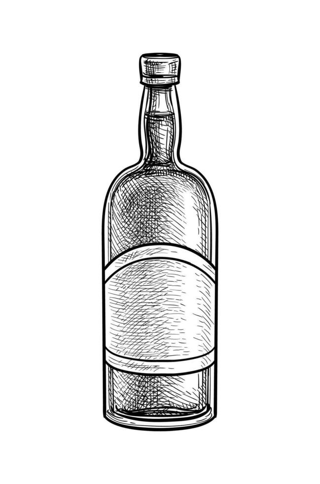 Whiskey Flasche. Tinte skizzieren isoliert auf Weiß Hintergrund. Hand gezeichnet Vektor Illustration. retro Stil.