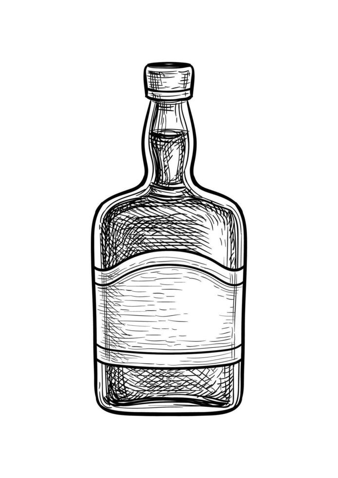 Whiskey Flasche. Tinte skizzieren isoliert auf Weiß Hintergrund. Hand gezeichnet Vektor Illustration. retro Stil.