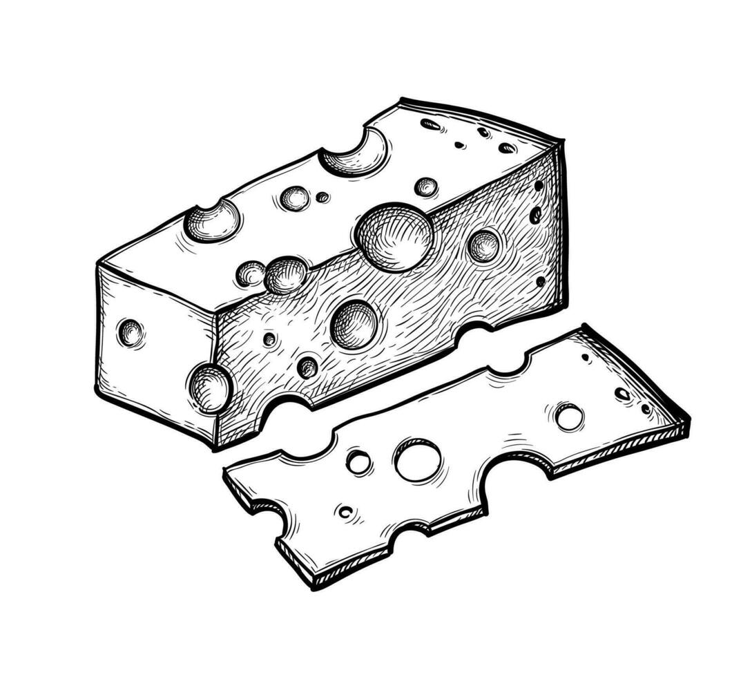 Käse Block und Scheibe. Tinte skizzieren isoliert auf Weiß Hintergrund. Hand gezeichnet Vektor Illustration. Jahrgang Stil Schlaganfall Zeichnung.