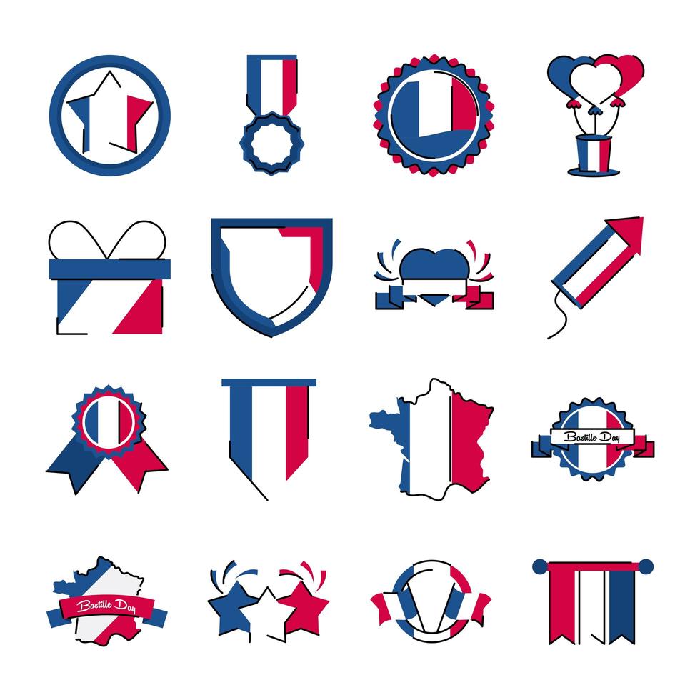 Frankreich und Bastille Day Line und Fill Style Icon Set Vector Design set