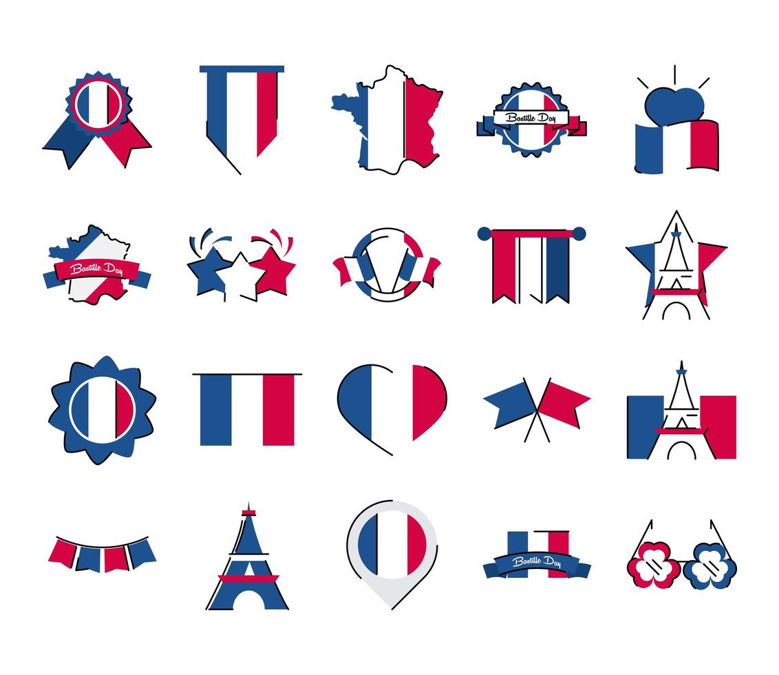 Frankreich und Bastille Day Line und Fill Style Icon Set Vector Design set