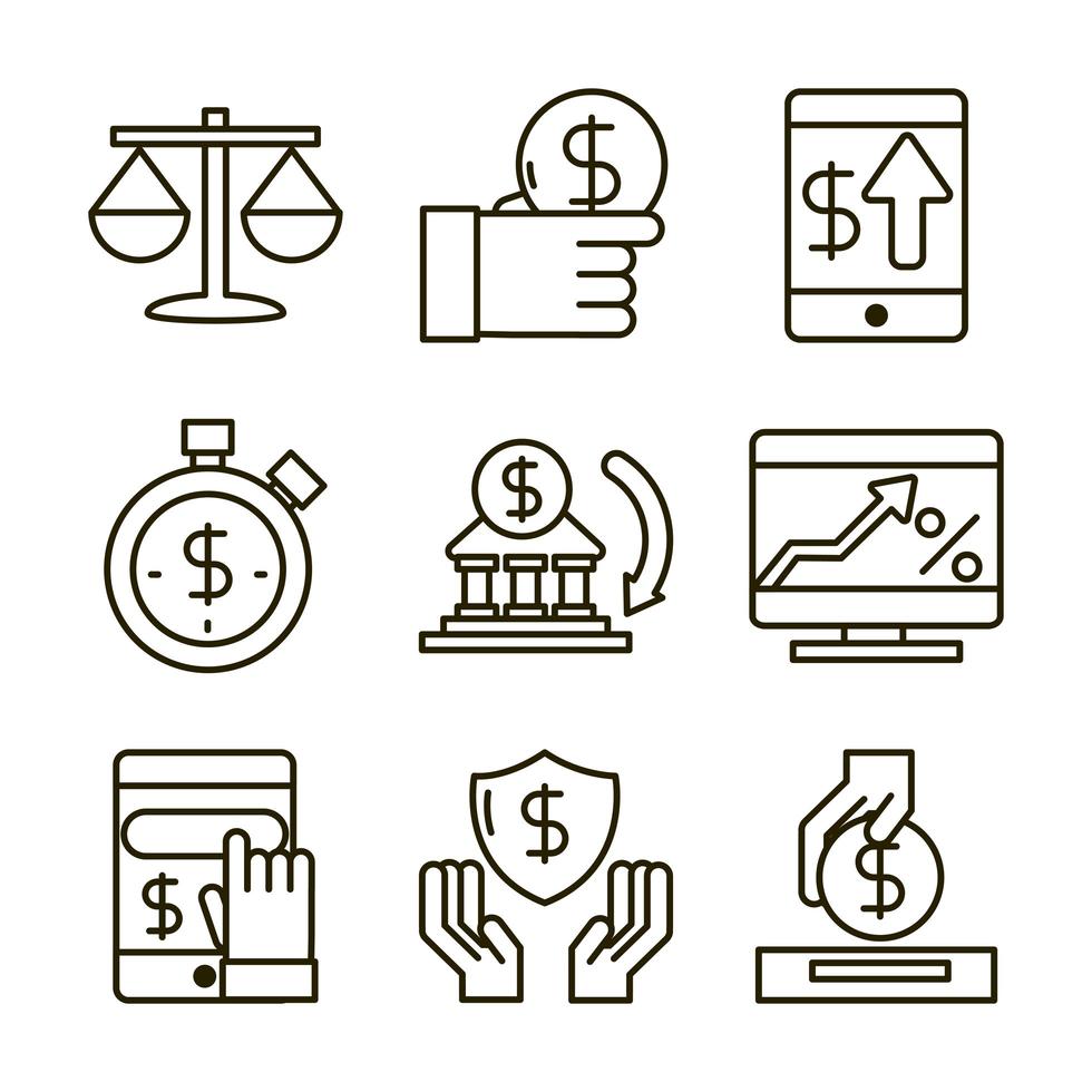 Investieren Business Finanzwirtschaft Geld Icons Set Line Style Icon vektor