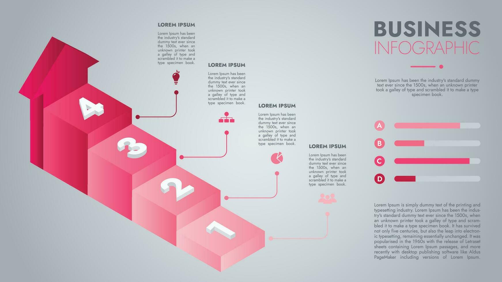 Infografik Vorlage zum Präsentationen und Eigenschaften Daten Visualisierung beinhaltet ein Prozess Diagramm mit Diagramme, Schritte, Optionen. das Konzept zum Marketing durch Abbildungen zum Fahrt zu Erfolg. vektor