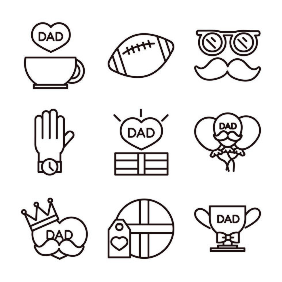 Happy Fathers Day Feier Zubehör Nachricht Dekoration Party Icon Set Line Style Icon vektor