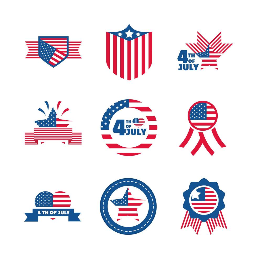 4. Juli Unabhängigkeitstag Feier Ehre Denkmal amerikanische Flagge Icons Set Flat Style Icon vektor