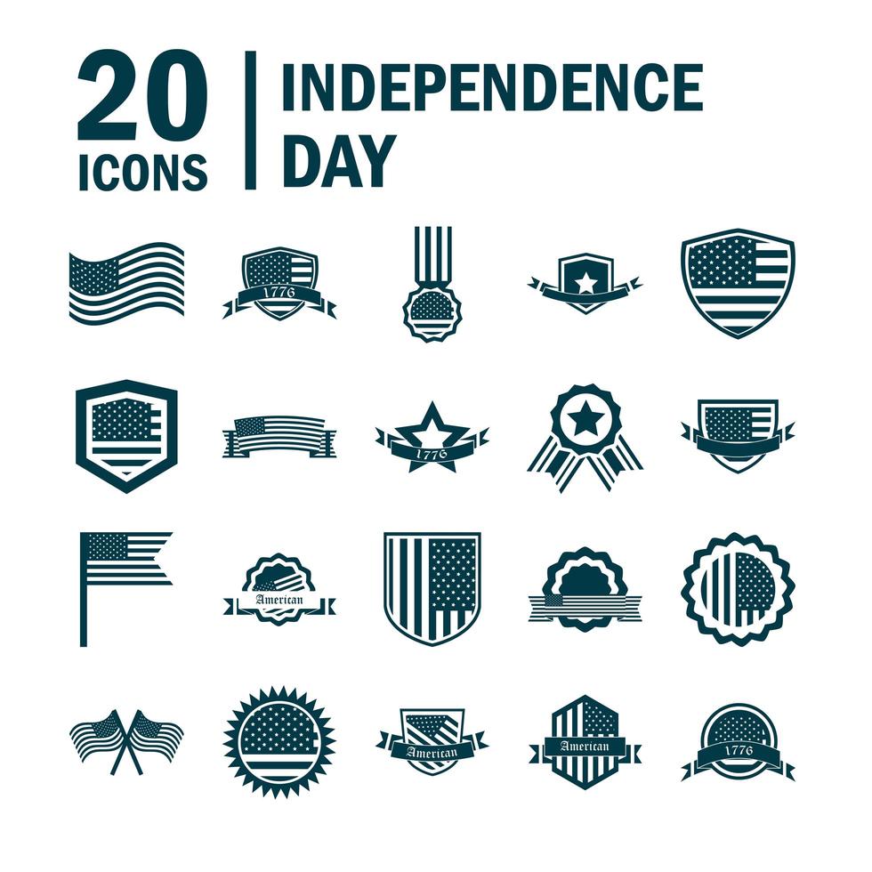 Happy Independence Day amerikanische Flagge Nationale Freiheit Patriotismus Icons Set Silhouette Style vektor