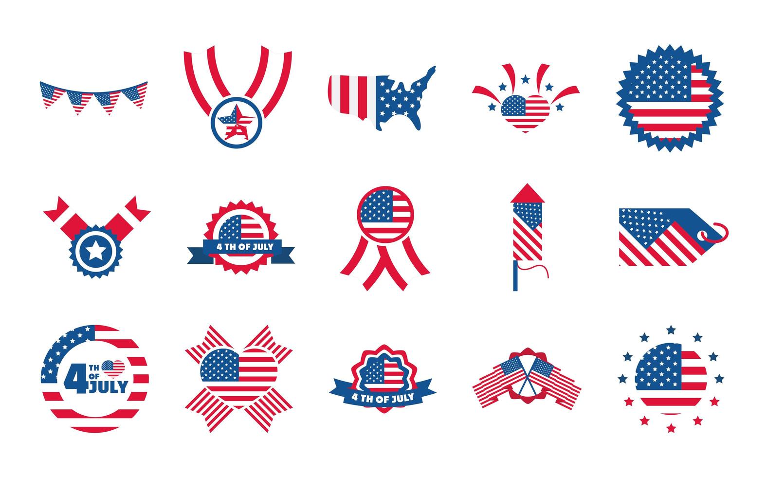 4. Juli Unabhängigkeitstag Feier Ehre Denkmal amerikanische Flagge Icons Set Flat Style Icon vektor