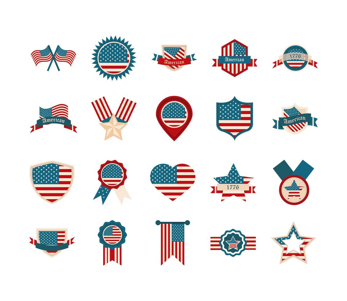Happy Independence Day amerikanische Flagge nationale Freiheit Patriotismus Icons Set Flat Style vektor