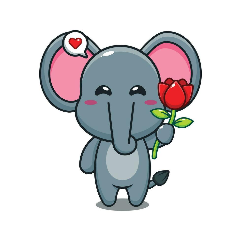 süß Elefant halten Rose Blume Karikatur Vektor Illustration.