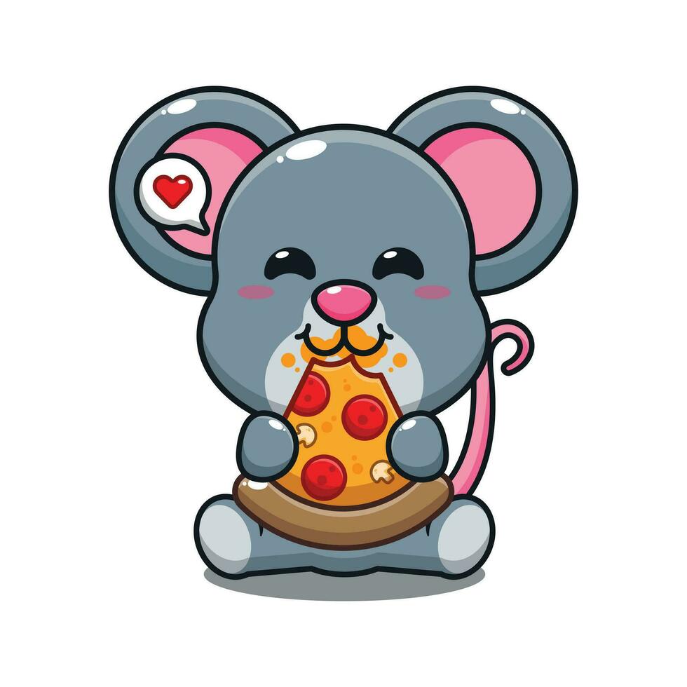 süß Maus Essen Pizza Karikatur Vektor Illustration.