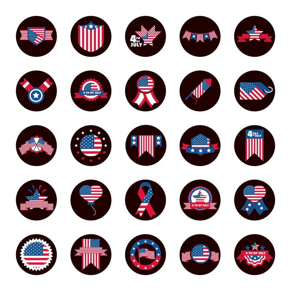 4 juli oberoende dag firande ära minnesmärke amerikanska flaggan ikoner set block och platt stil ikon vektor