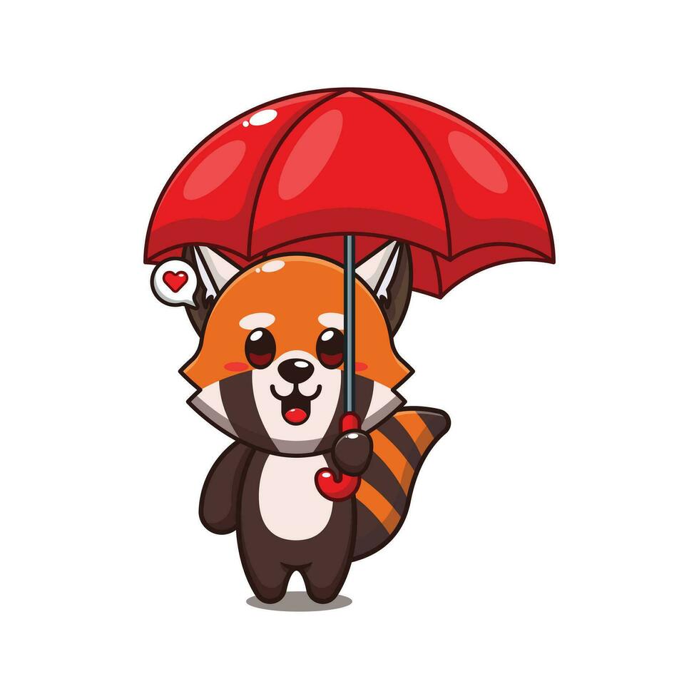 söt röd panda innehav paraply tecknad serie vektor illustration.