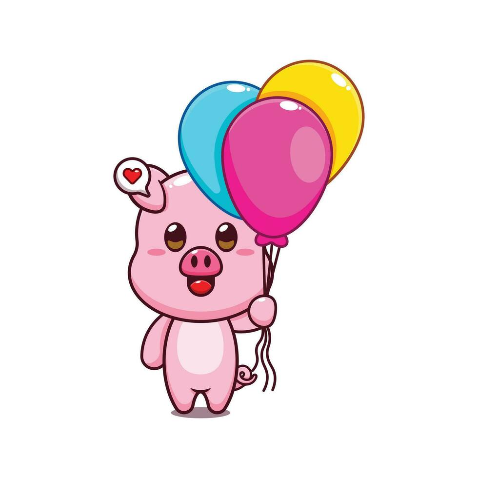 söt gris med ballong tecknad serie vektor illustration.