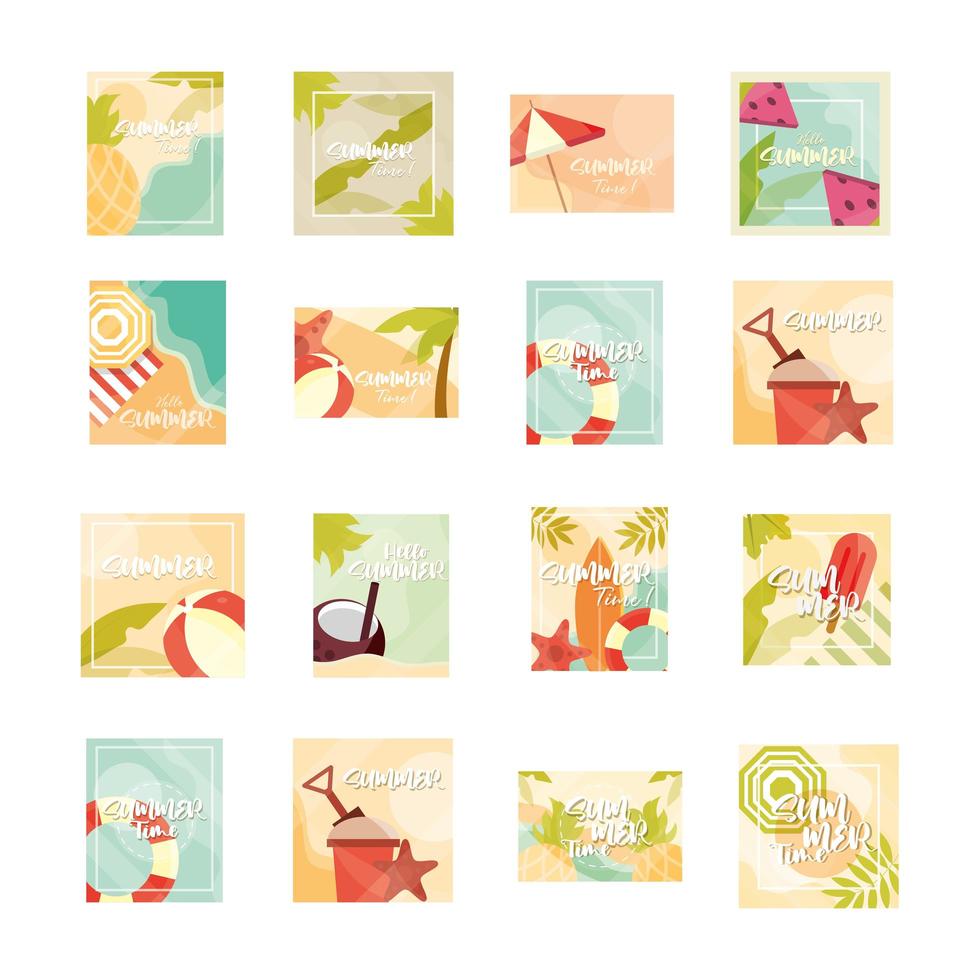 Hallo Sommer Banner Saison Urlaub Reisen Typografie Icons Set vektor