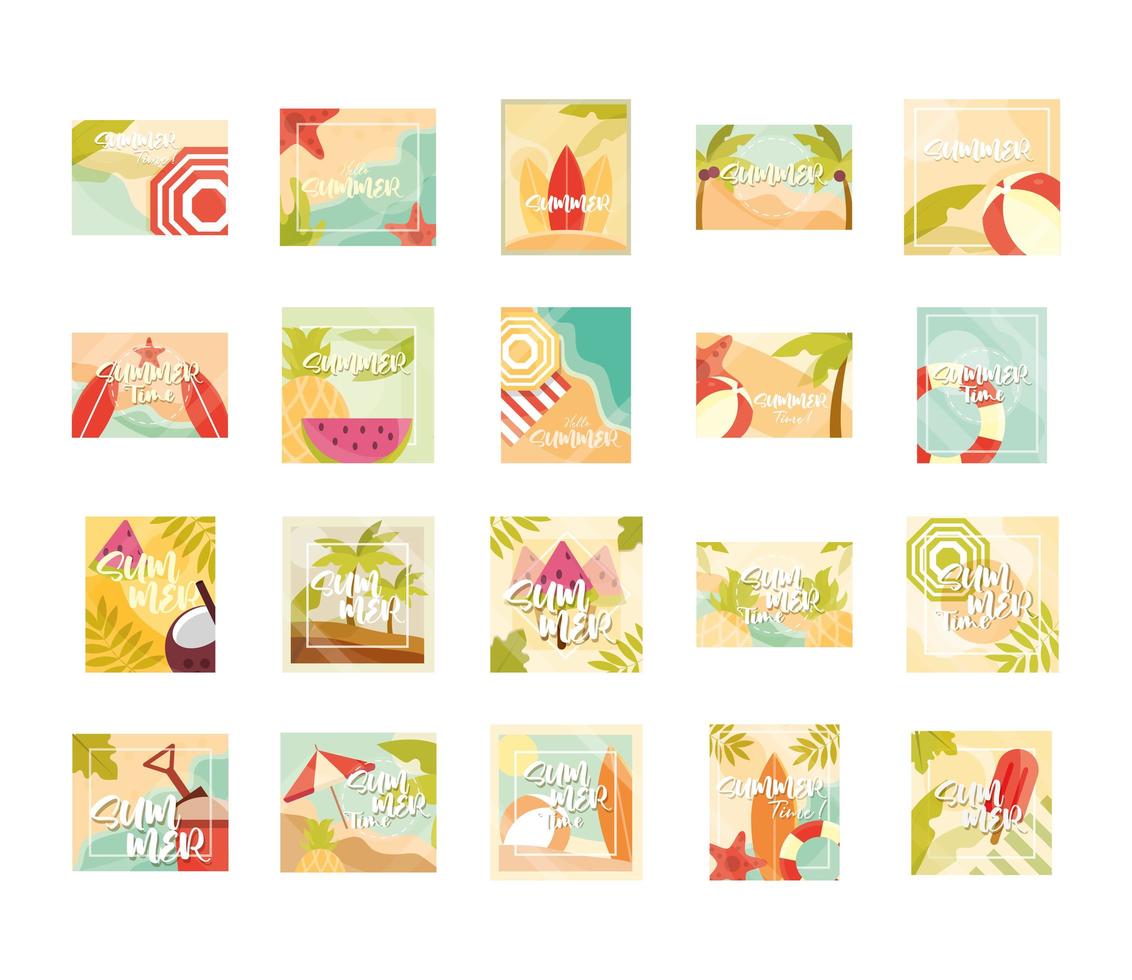 Hallo Sommer Banner Saison Urlaub Reisen Typografie Icons Set vektor