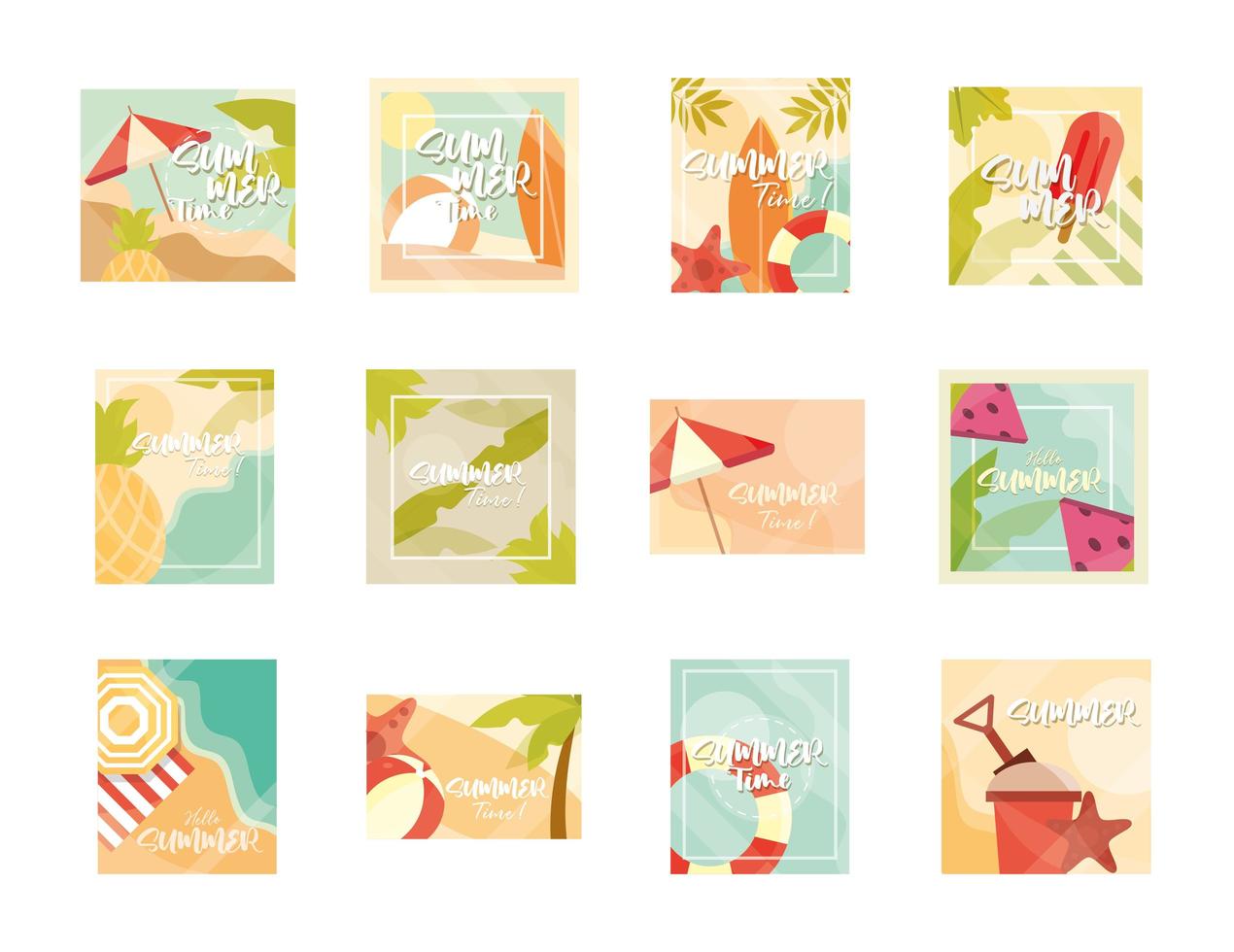 Hallo Sommer Banner Saison Urlaub Reisen Typografie Icons Set vektor