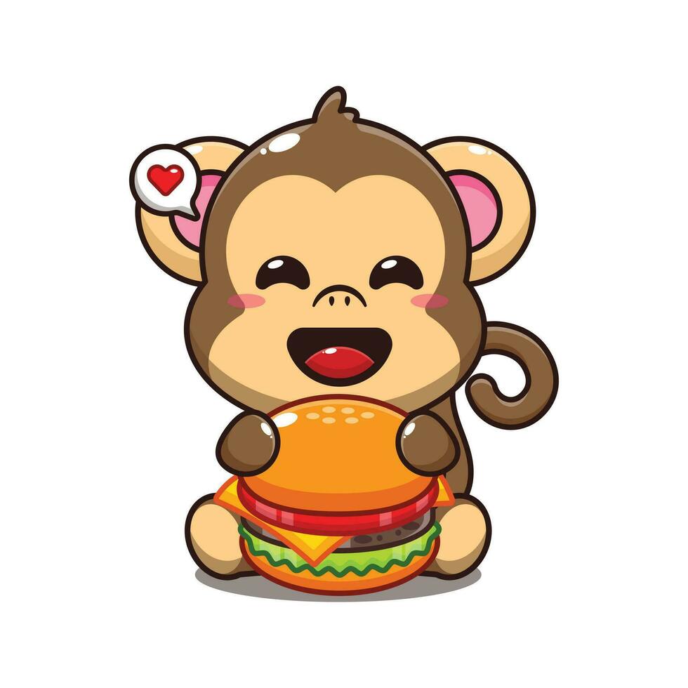 süß Affe mit Burger Karikatur Vektor Illustration.