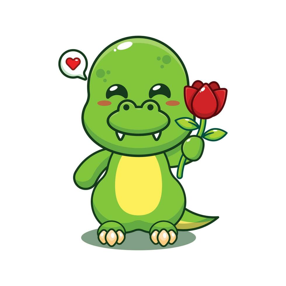 Dino halten Rose Blume Karikatur Vektor Illustration.