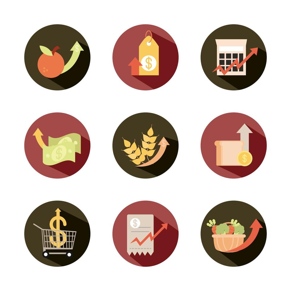 Steigende Lebensmittelpreise Markt Commerce Icons Set Flat Style Icon vektor
