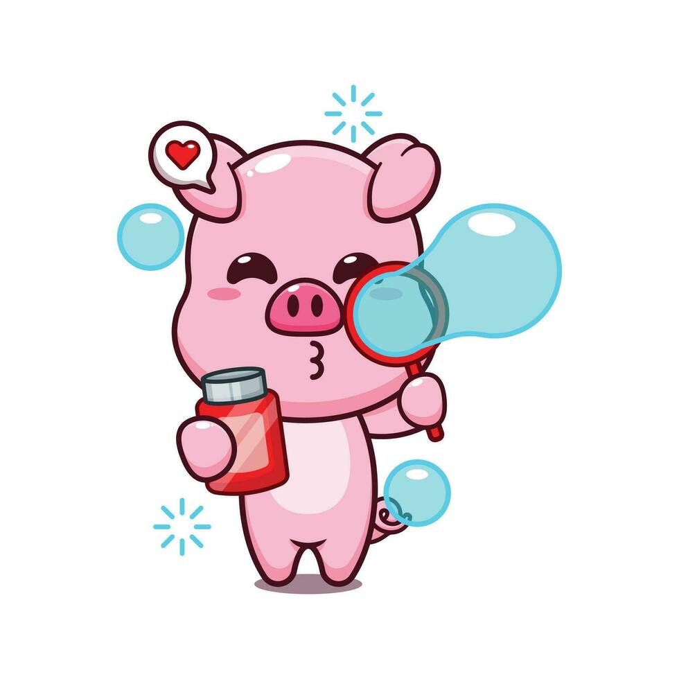 söt gris blåser bubblor tecknad serie vektor illustration.