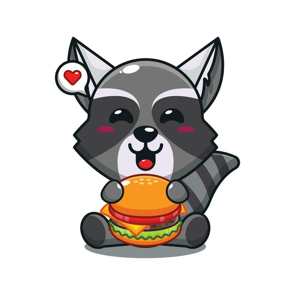 süß Waschbär mit Burger Karikatur Vektor Illustration.