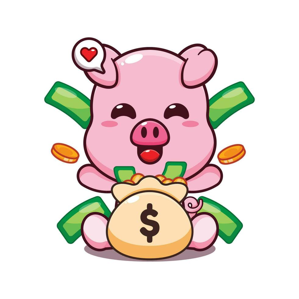 süß Schwein mit Geld Tasche Karikatur Vektor Illustration.